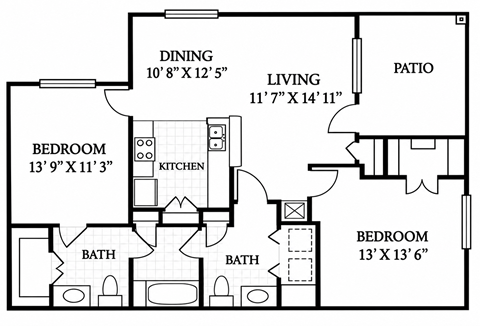 Floor plan for 2 beds, 1.5 baths, 1043 sqft
